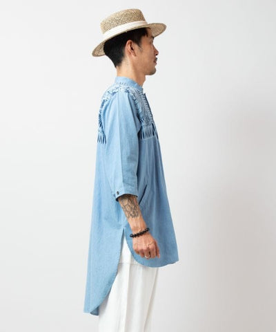 Indigo Color Long Band Collar Shirt Tops by AMINA - Ametsuchi