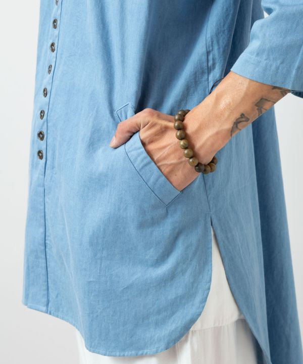 Indigo Color Long Band Collar Shirt Tops by AMINA - Ametsuchi