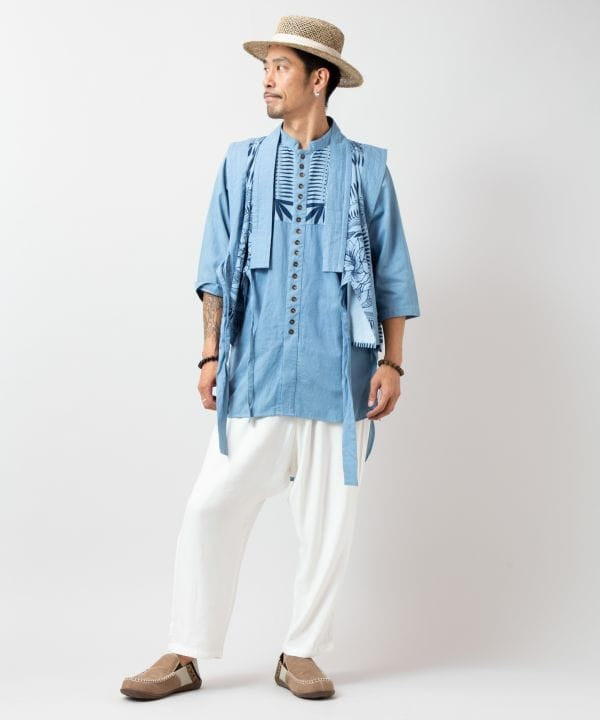 Indigo Color Long Band Collar Shirt Tops by AMINA - Ametsuchi