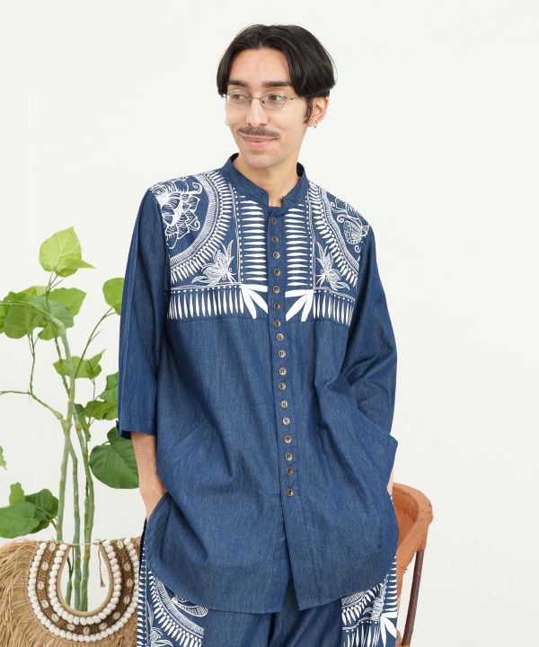 Indigo Color Long Band Collar Shirt Tops by AMINA - Ametsuchi