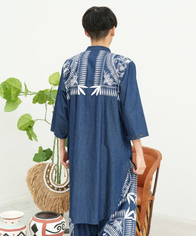 Indigo Color Long Band Collar Shirt Tops by AMINA - Ametsuchi