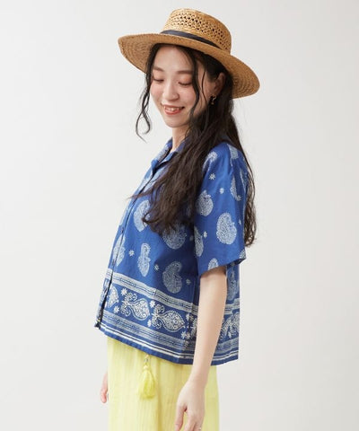 Chemise courte imprimée à la planche indigo par AMINA - Ametsuchi