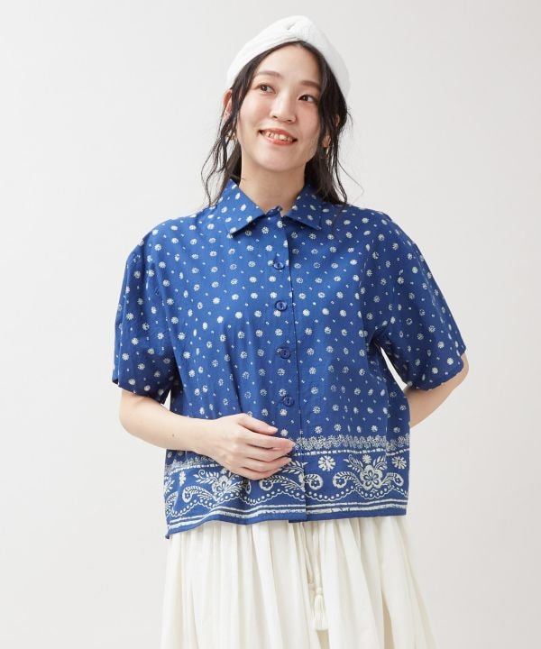 Chemise courte imprimée à la planche indigo par AMINA - Ametsuchi