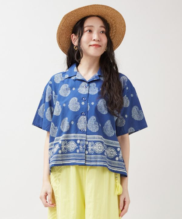 Chemise courte imprimée à la planche indigo par AMINA - Ametsuchi