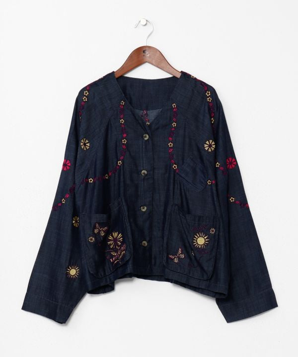 Flower Embroidery Denim Cardigan Cardigans & Outerwear by AMINA - Ametsuchi