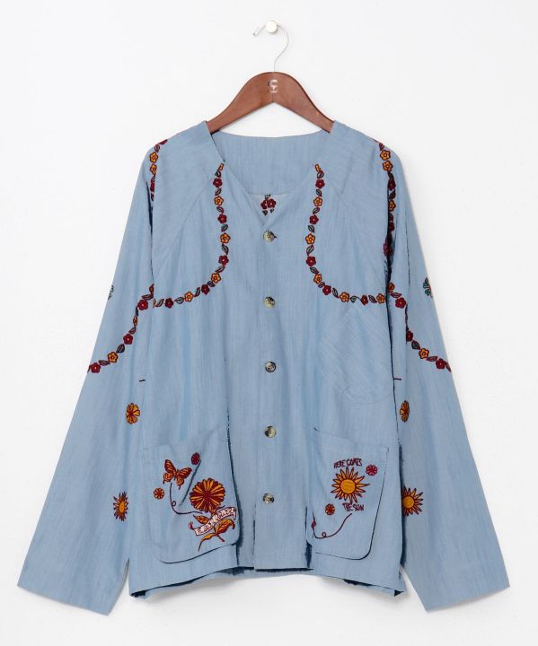Men's Flower Embroidery Denim Cardigan Cardigans & Outerwear by AMINA - Ametsuchi