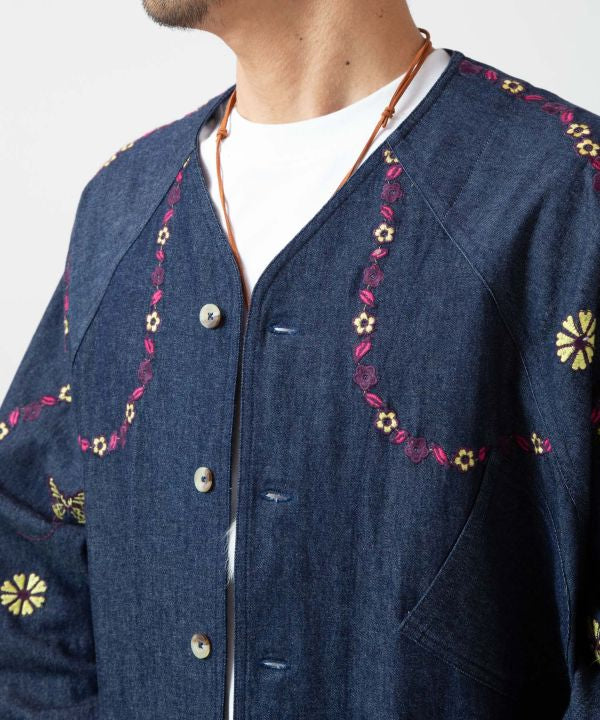 Men's Flower Embroidery Denim Cardigan Cardigans & Outerwear by AMINA - Ametsuchi
