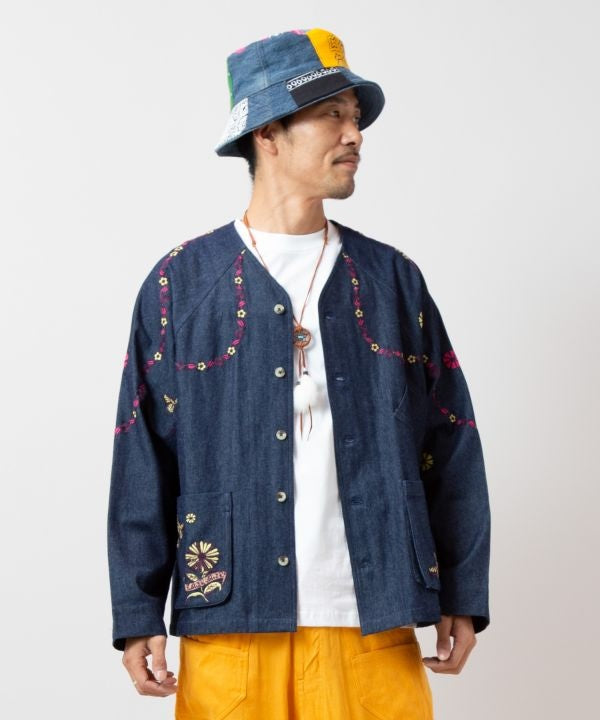 Men's Flower Embroidery Denim Cardigan Cardigans & Outerwear by AMINA - Ametsuchi