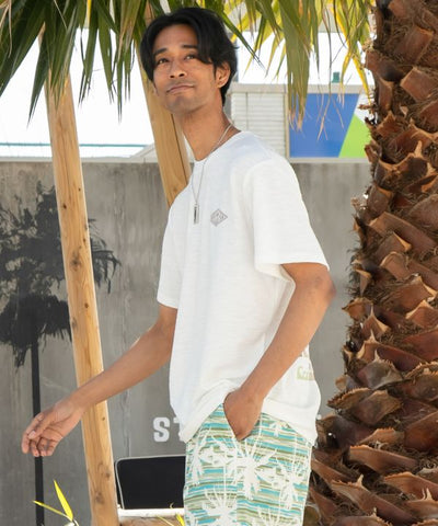 SURF＆Palms Hawaiian Embroidery Men T-Shirt by Kahiko - Ametsuchi