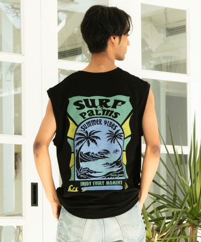 SURF＆Palms Hawaiian Embroidery Men Tank by Kahiko - Ametsuchi