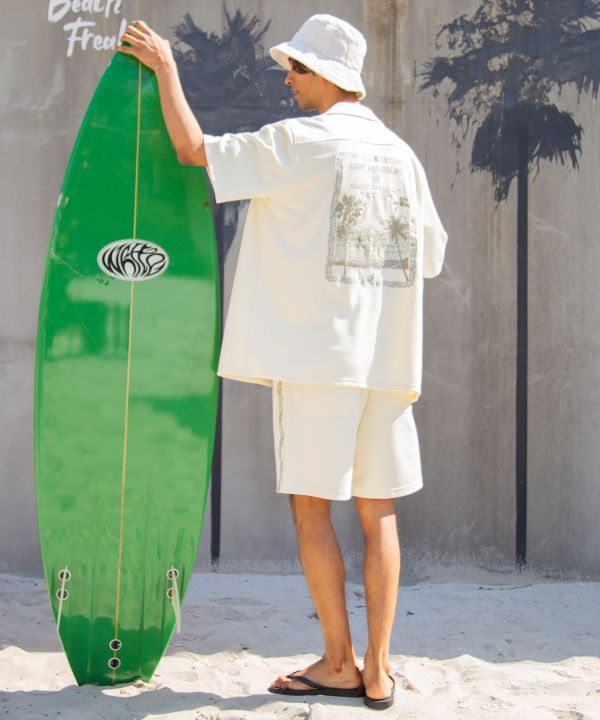 SURF＆Palms Waffle Embroidered Men Shirt by Kahiko - Ametsuchi