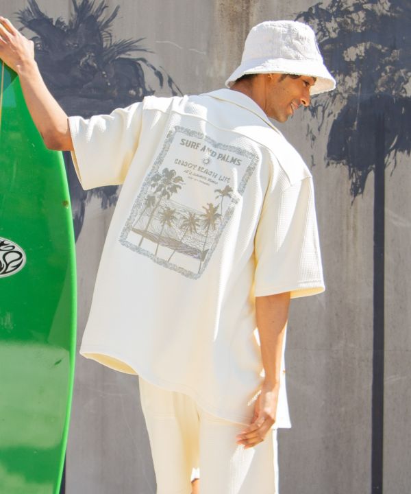 SURF＆Palms Waffle Embroidered Men Shirt by Kahiko - Ametsuchi