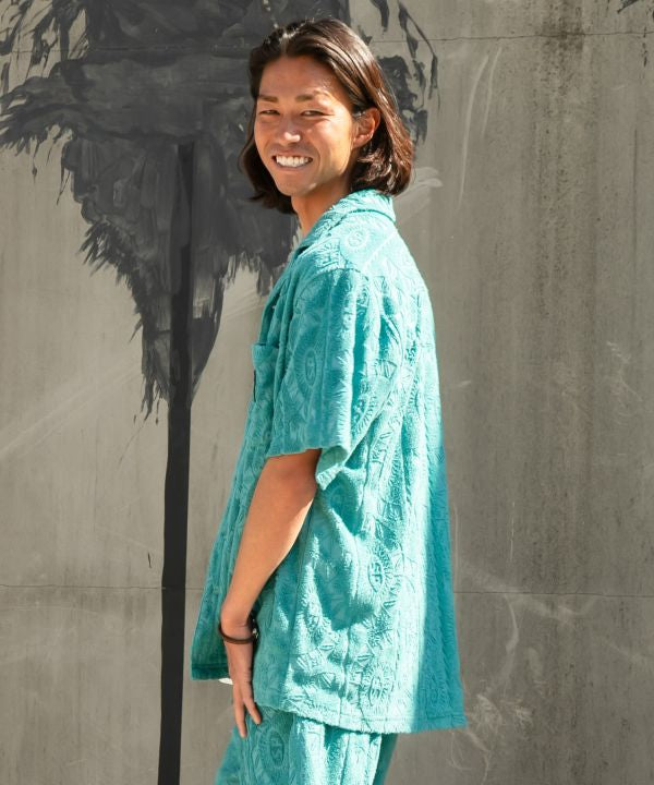 SURF＆Palms Printed Pile Aloha Shirt by Kahiko - Ametsuchi