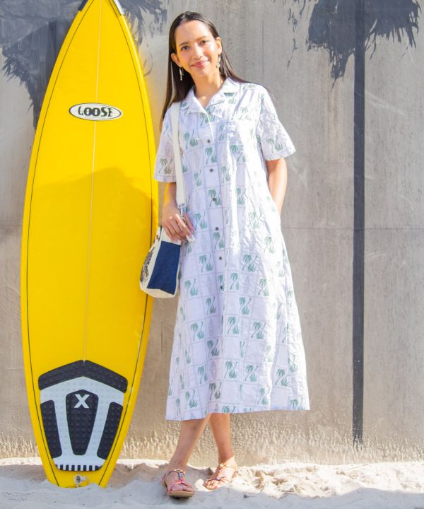 เดรสเชิ้ตปักลายต้นปาล์ม SURF＆Palms โดย Kahiko - Ametsuchi
