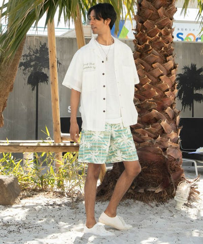 SURF＆Palms Seersucker Embroidered Work Shirt by Kahiko - Ametsuchi