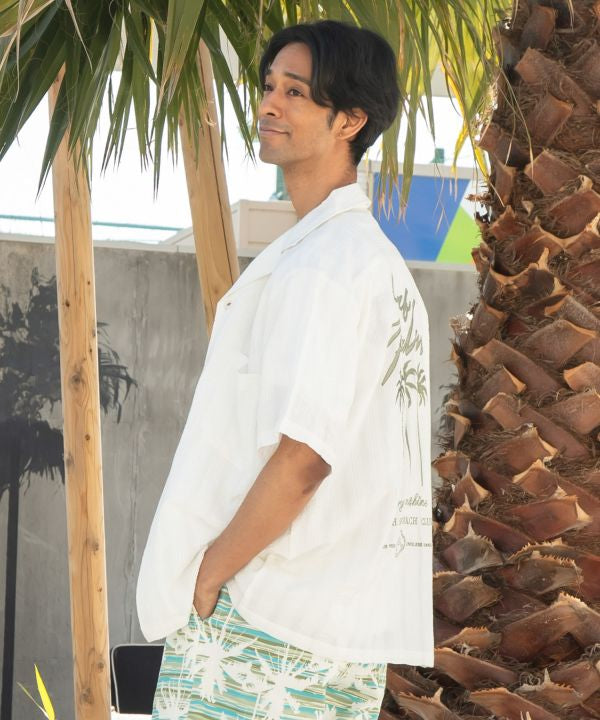 SURF＆Palms Seersucker Embroidered Work Shirt by Kahiko - Ametsuchi