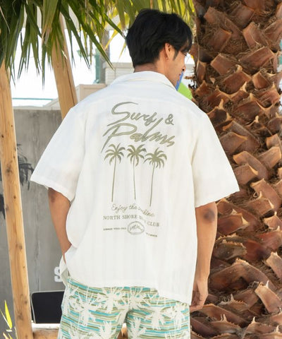 SURF＆Palms Seersucker Embroidered Work Shirt by Kahiko - Ametsuchi