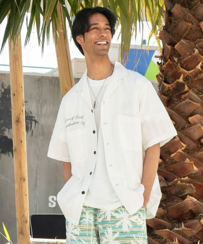 SURF＆Palms Seersucker Embroidered Work Shirt by Kahiko - Ametsuchi