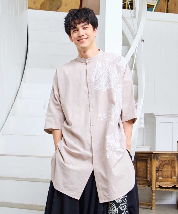 Pattern Stand Collar Long Shirt by AMINA - Ametsuchi