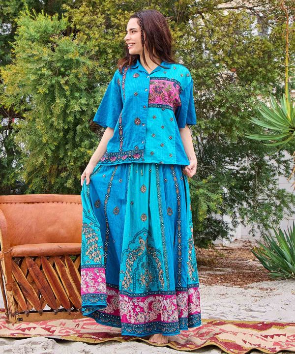 Indian Lehenga Patchwork Embroidered Shirt by AMINA - Ametsuchi