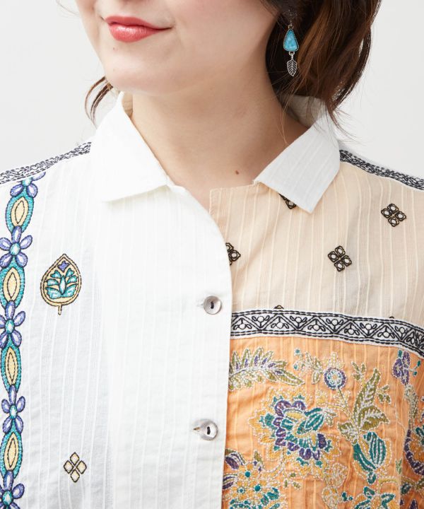 Indian Lehenga Patchwork Embroidered Shirt by AMINA - Ametsuchi