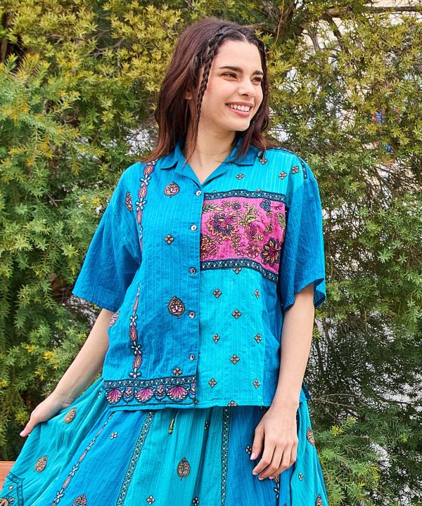 Indian Lehenga Patchwork Embroidered Shirt by AMINA - Ametsuchi