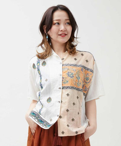 Indian Lehenga Patchwork Embroidered Shirt by AMINA - Ametsuchi