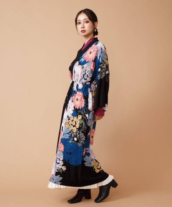 Japanese Floral Kimono Neck Dress by Kaya - Ametsuchi