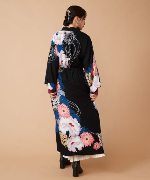 Japanese Floral Kimono Neck Dress by Kaya - Ametsuchi