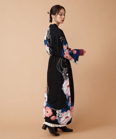 Japanese Floral Kimono Neck Dress by Kaya - Ametsuchi