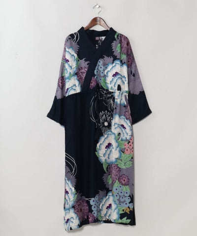 Japanese Floral Kimono Neck Dress by Kaya - Ametsuchi