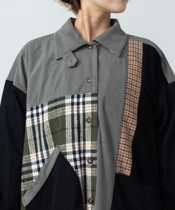 Corduroy Check Patchwork Shirt Dress by AMINA - Ametsuchi