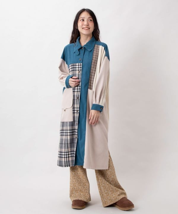 Corduroy Check Patchwork Shirt Dress by AMINA - Ametsuchi