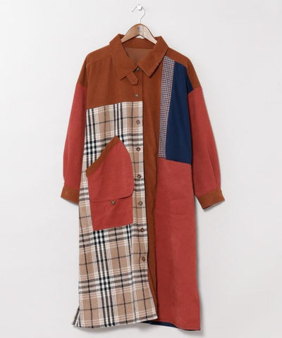 Corduroy Check Patchwork Shirt Dress by AMINA - Ametsuchi