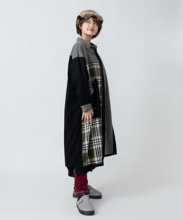 Corduroy Check Patchwork Shirt Dress by AMINA - Ametsuchi