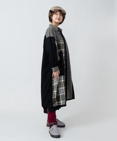 Corduroy Check Patchwork Shirt Dress by AMINA - Ametsuchi