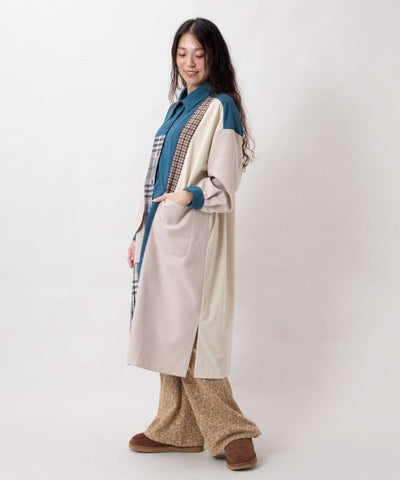 Corduroy Check Patchwork Shirt Dress by AMINA - Ametsuchi
