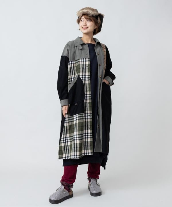 Corduroy Check Patchwork Shirt Dress by AMINA - Ametsuchi