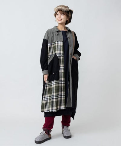 Corduroy Check Patchwork Shirt Dress by AMINA - Ametsuchi