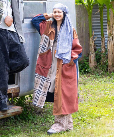 Corduroy Check Patchwork Shirt Dress by AMINA - Ametsuchi