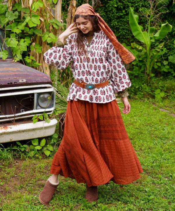 Indian Block Print Pattern Pintuck Top