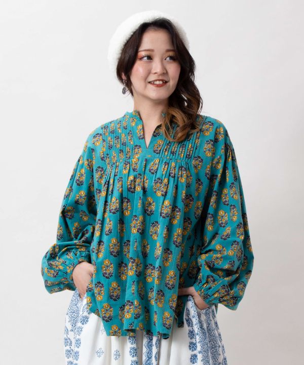 Indian Block Print Pattern Pintuck Top