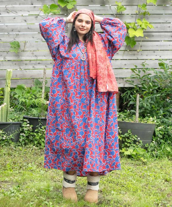 Indian Block Print Pattern Cotton Dress by AMINA - Ametsuchi