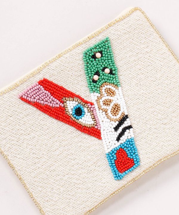 Initial Glass Bead Embroidered Pouch by AMINA - Ametsuchi