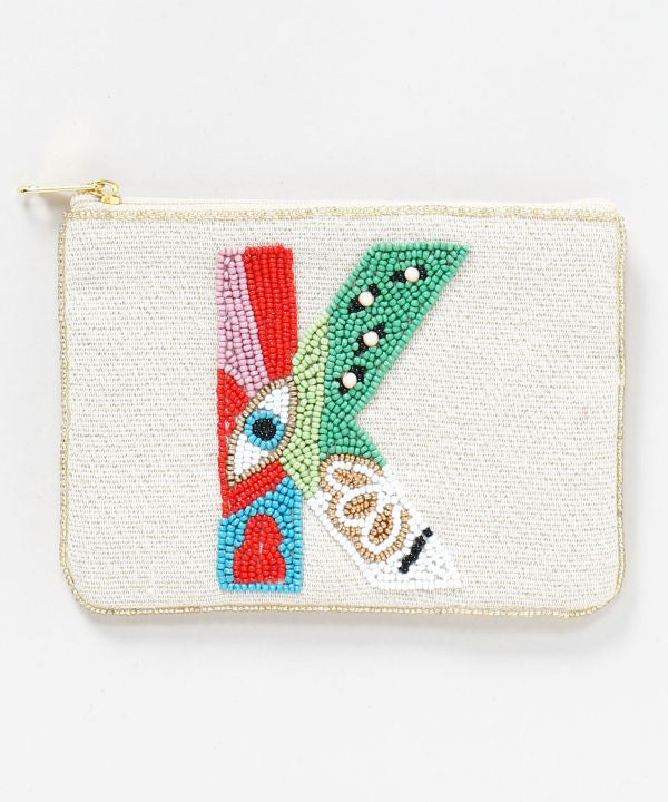Initial Glass Bead Embroidered Pouch by AMINA - Ametsuchi