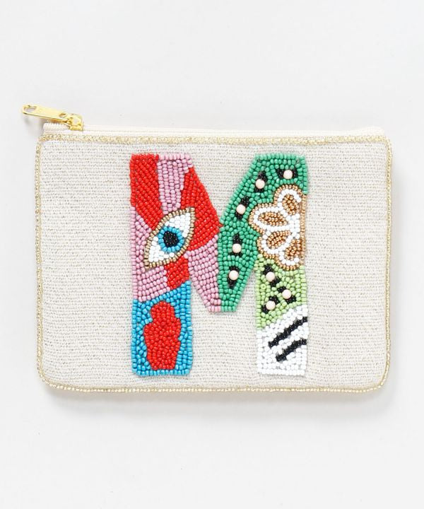 Initial Glass Bead Embroidered Pouch by AMINA - Ametsuchi