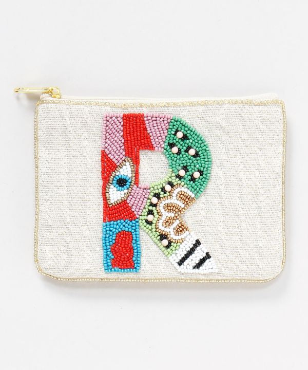Initial Glass Bead Embroidered Pouch by AMINA - Ametsuchi
