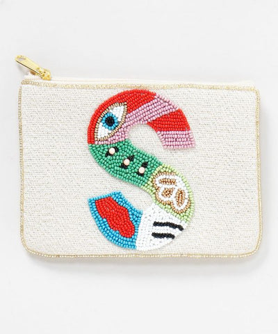 Initial Glass Bead Embroidered Pouch by AMINA - Ametsuchi