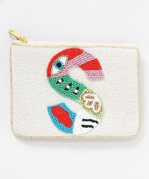 Initial Glass Bead Embroidered Pouch by AMINA - Ametsuchi
