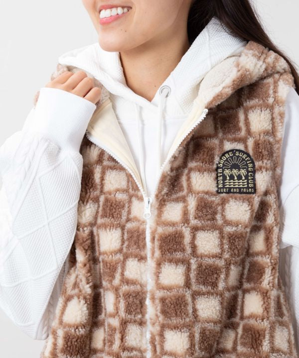 Retro Surf Check Hooded Boa Vest - SURF＆Palms by Kahiko - Ametsuchi